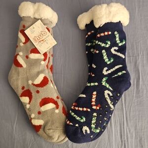 Cozy Holiday Slipper Socks - Gray Santa & Navy Candy Cane
